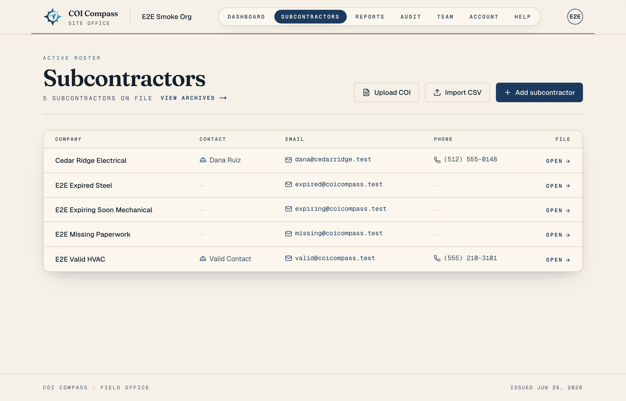 The Subcontractors roster showing company rows and the Upload COI, Import CSV, and Add subcontractor actions.