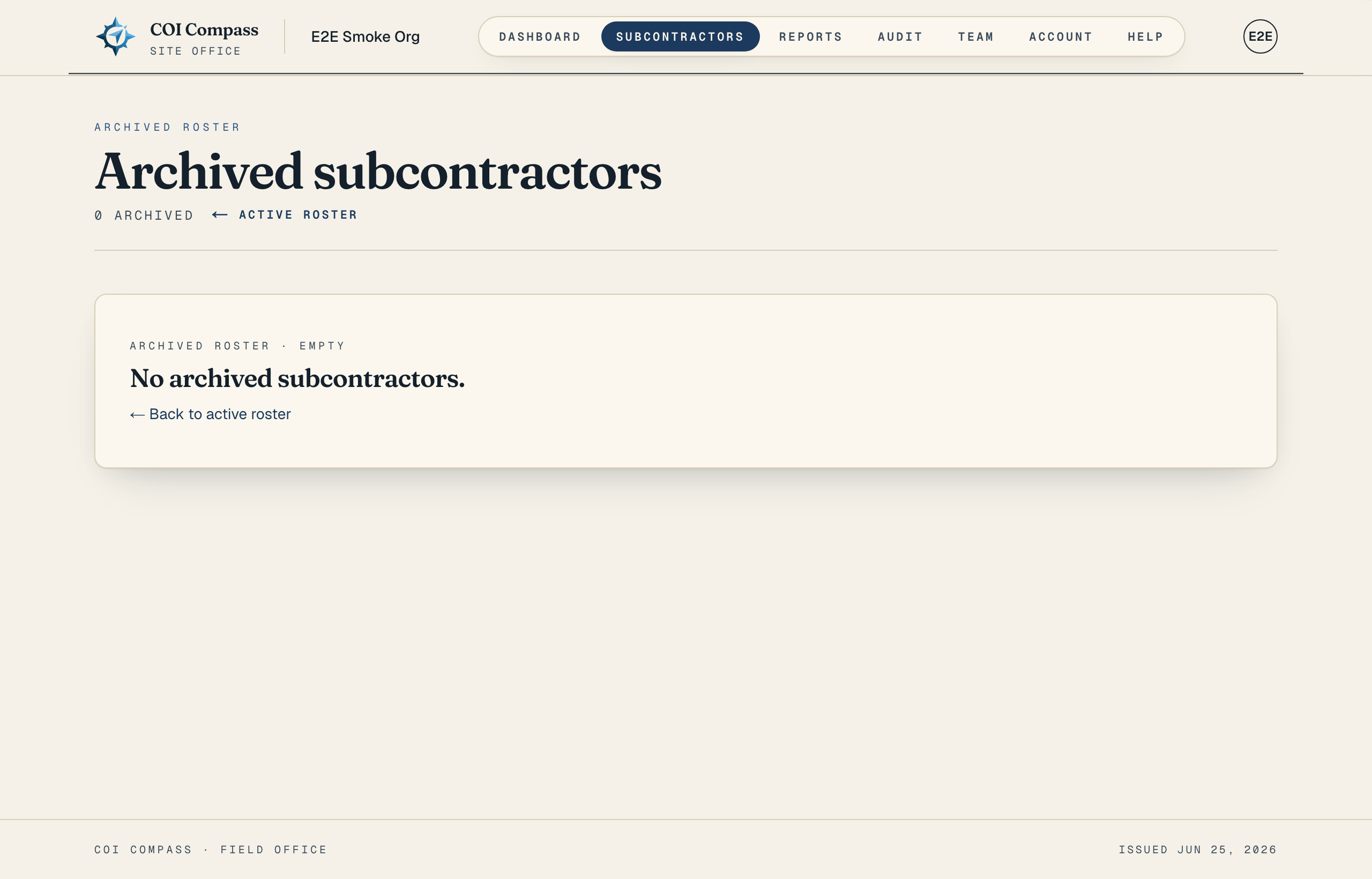 The archived subcontractors roster showing archived companies and a link back to the active roster.