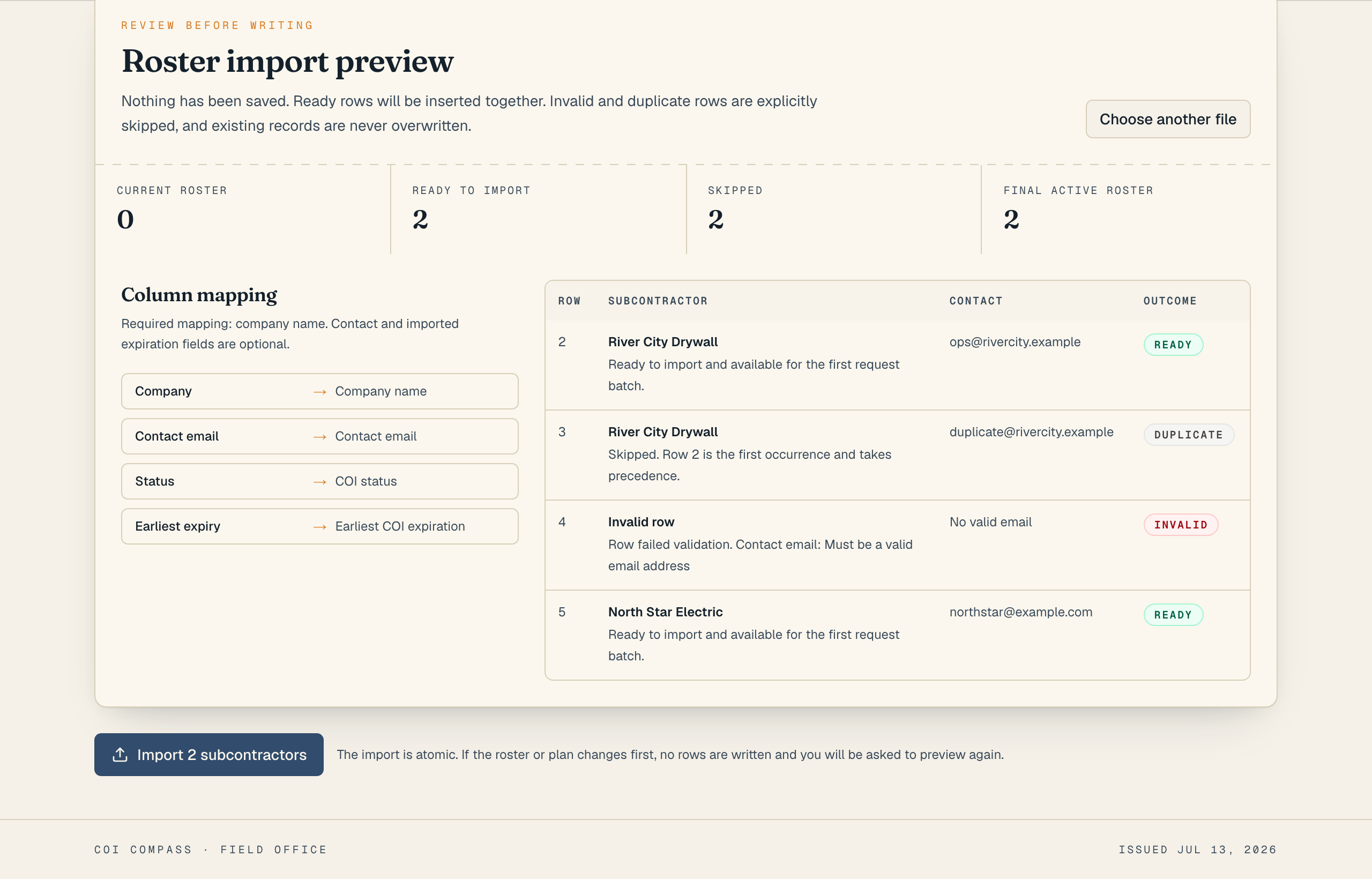The roster preview with mapped columns, totals, and explicit outcomes for ready, invalid, and duplicate rows.
