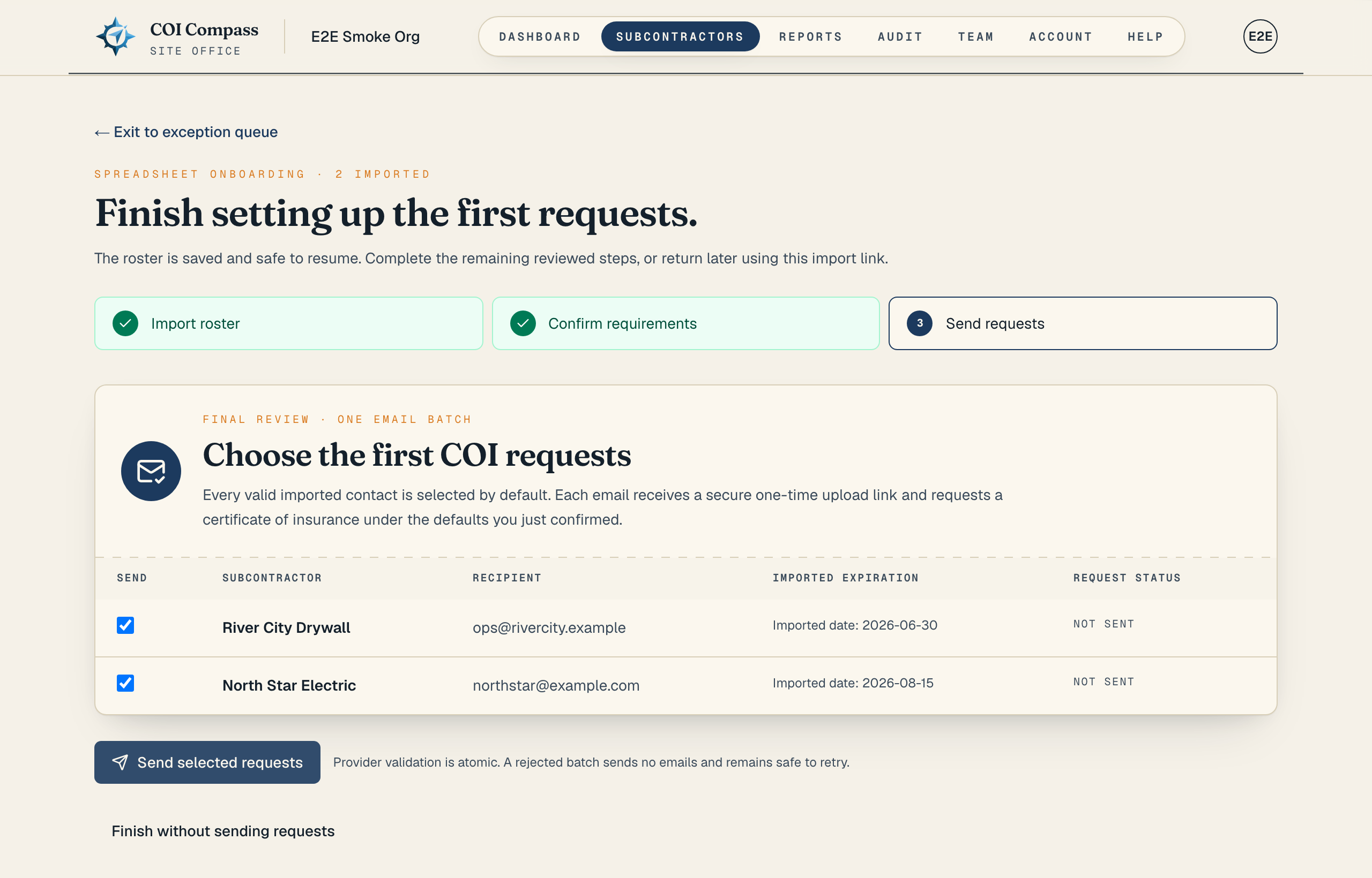 The initial request review listing selected subcontractors and the email delivery state for one batch.