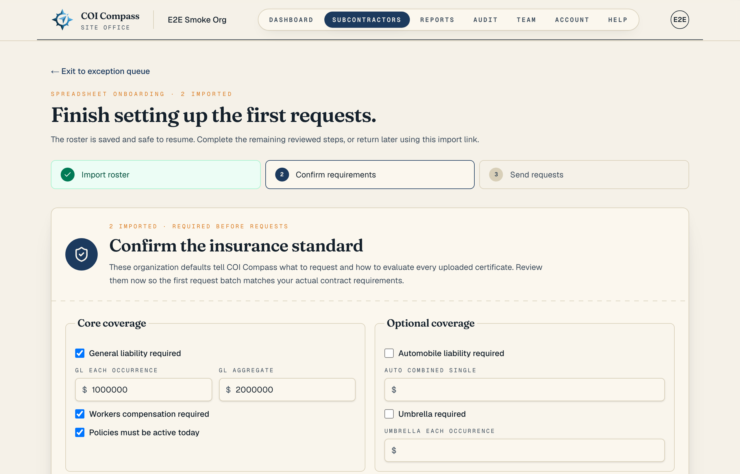 The spreadsheet onboarding requirement step with company-wide coverage, limit, and endorsement defaults.