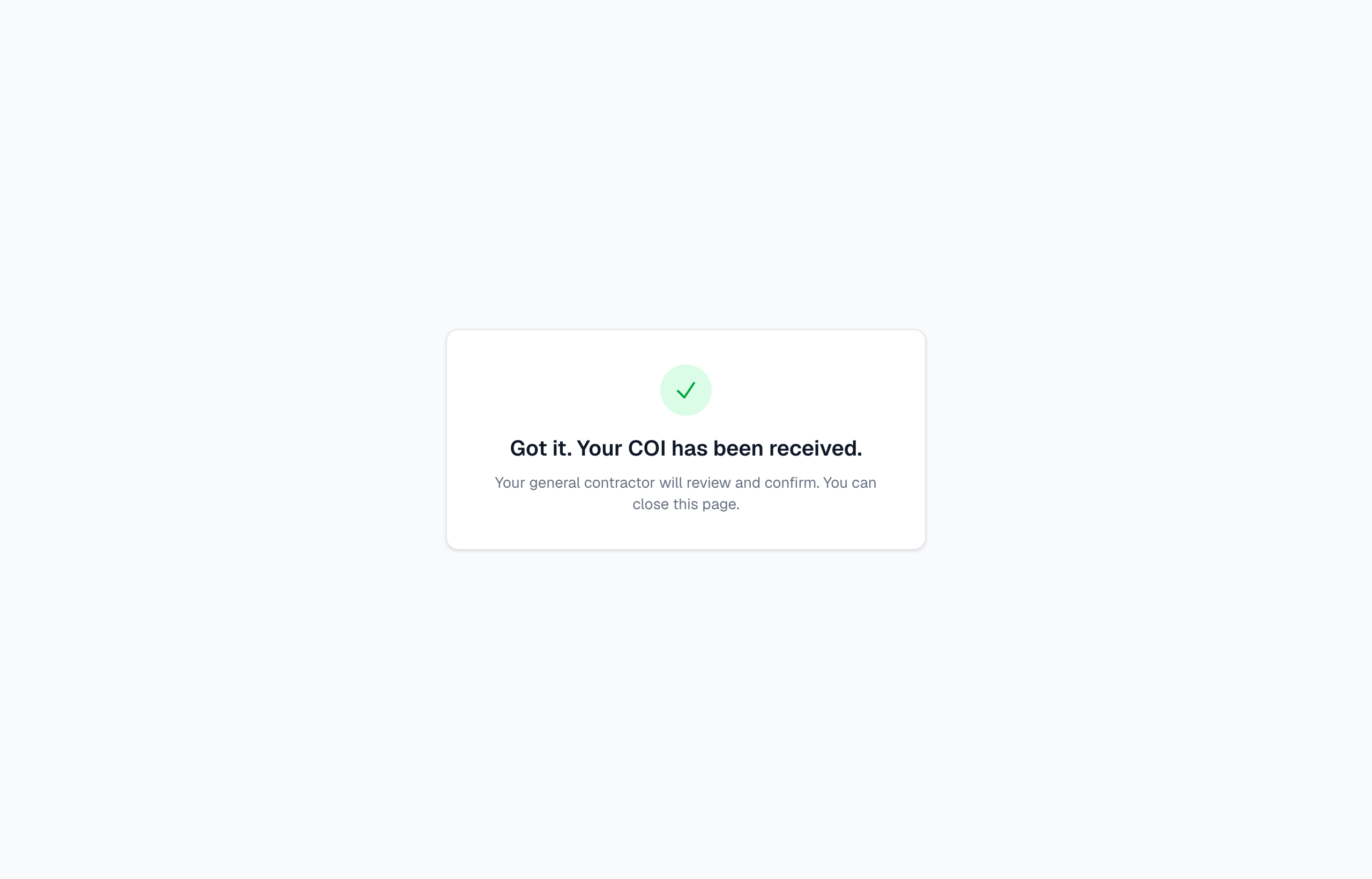 The upload success screen confirming that the corrected COI has been received.
